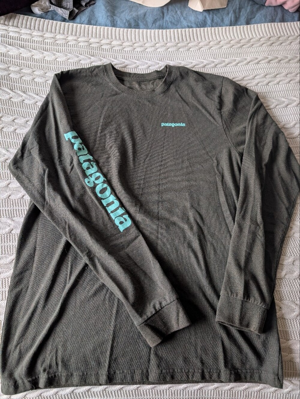 Patagonia Long Sleeve Logo Tee in Teal on Black
